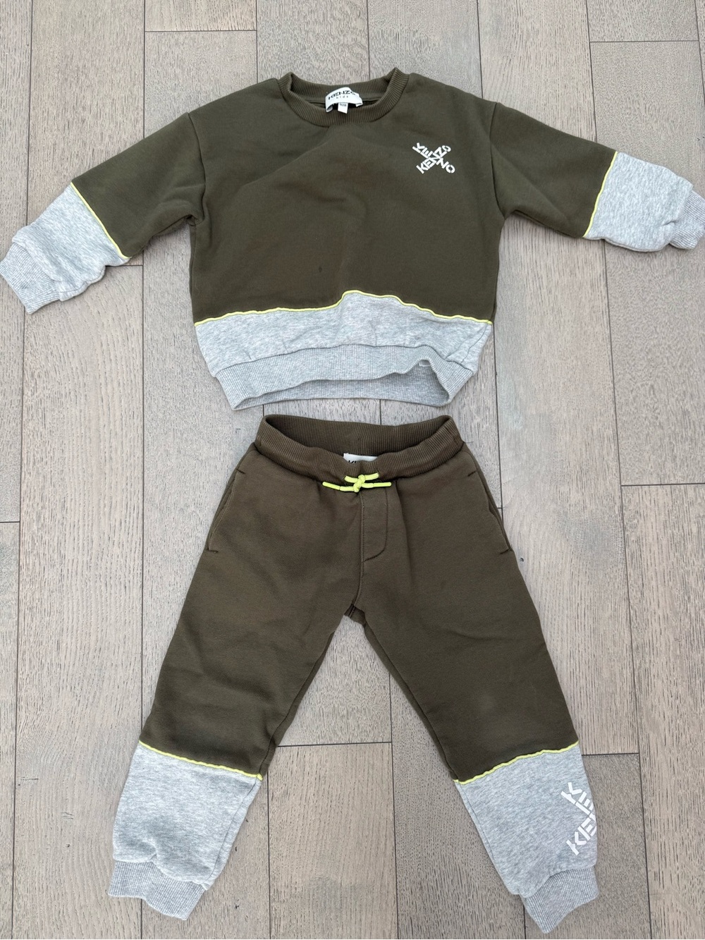 Kenzo Olive & Heather Gray Kids Jog Set with Neon Trim